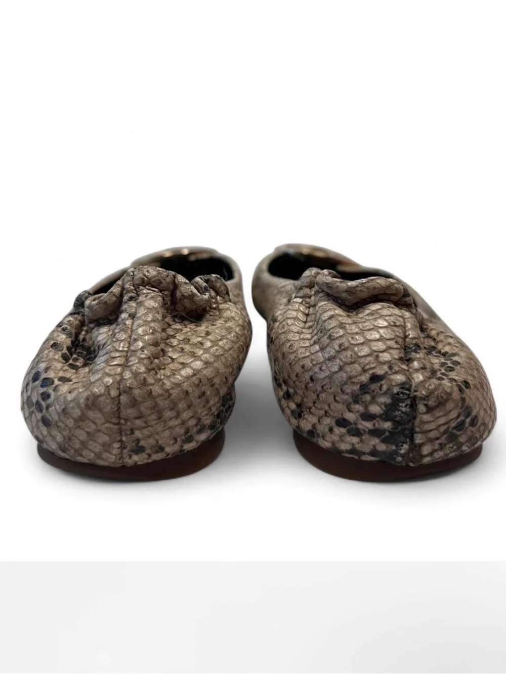 Tory Burch Reva Snakeskin-Embossed Ballet Flats, gold tone double-T medallion8.5